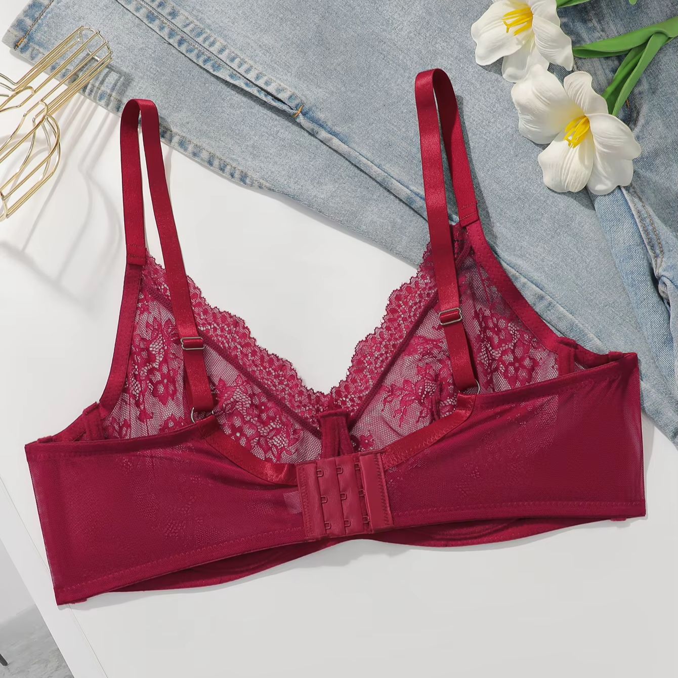 Women Plus Size Red Lace Sheer - Full Coverage Bra incelemesi ve fiyatı
