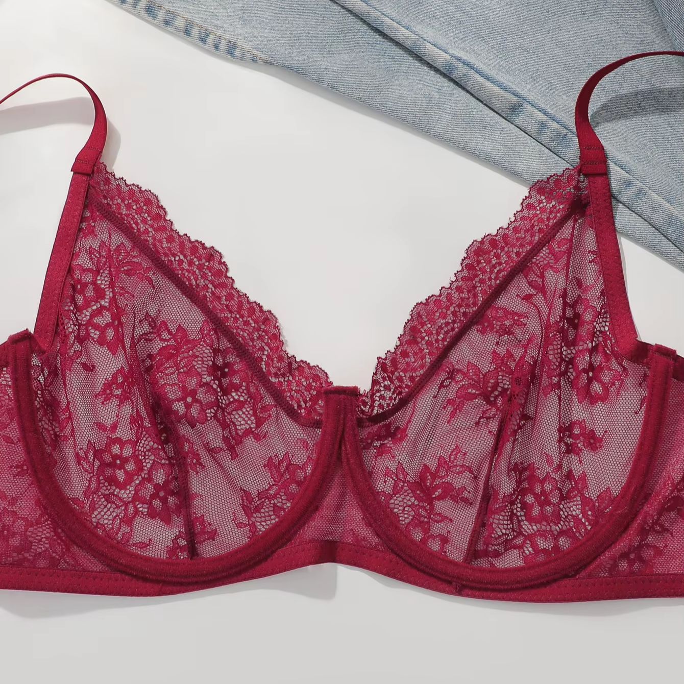 Women Plus Size Red Lace Sheer - Full Coverage Bra incelemesi ve fiyatı